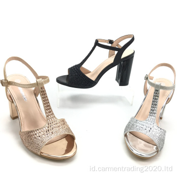 Wanita berlian imitasi t-strip ankle strap tumit sandal